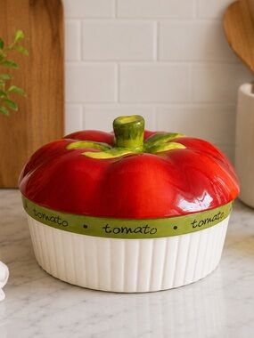 Vintage Certified International Round Ceramic Covered Casserole with Tomato Lid
